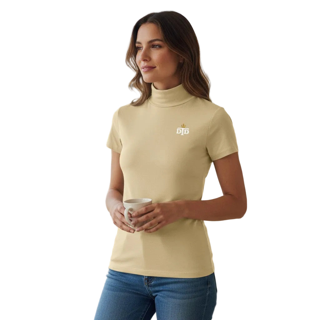 Women's Short Sleeve Ivory Turtleneck Top